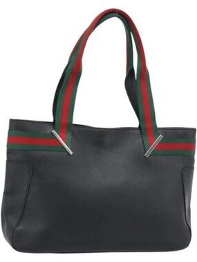 GUCCI Web Sherry Line Tote Bag Leather Black Silver Red 73983 Auth 186196A